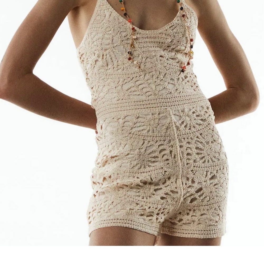 Zara Shirt Lace Knit Crochet Playsuit Romper White -cream Size S